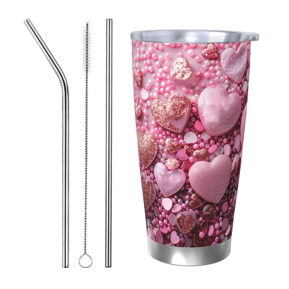 Uemuo Pink Glitter Heart Candy Print Travel Coffee Mug ,20oz Double-walled Car Cup ,Stainless Steel Insulated Tumbler Leak-proof Travel Cup Reusable Straw Car Cup-Straw Three-piece Set