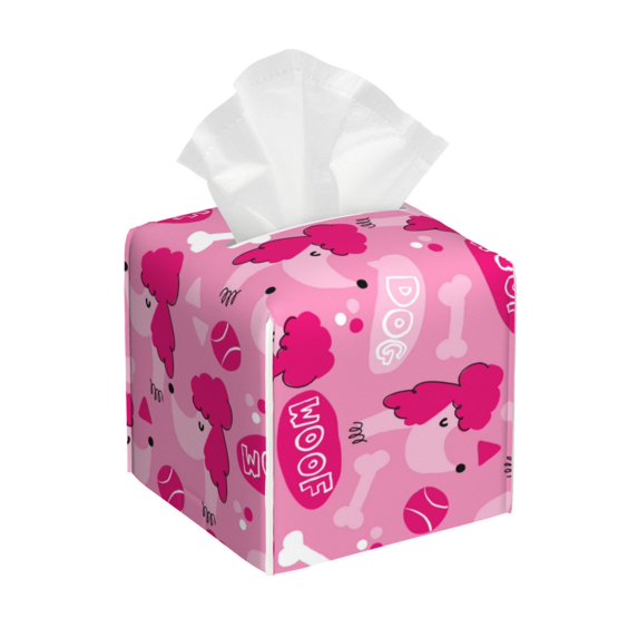 Uemuo Pink Poodle Dog Tissue Box Cover Holder, Square with Bottom Belt - PVC Leather Decorative Organizer for Tabletop, Bathroom, Car, Office