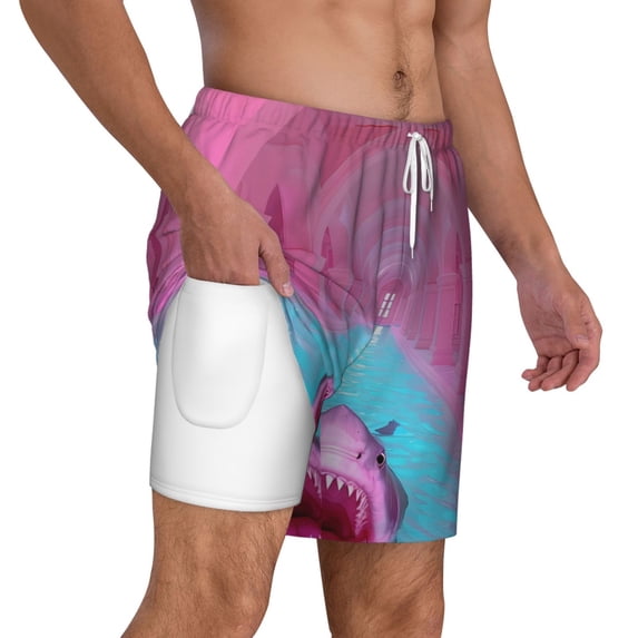 Uemuo Pink Shark Pool Fantasy Pattern Mens Swim Trunks Quick Dry Board Shorts with Mesh Lining, Stretch Beach Shorts Quick Dry No-Chafing Board Shorts-Medium