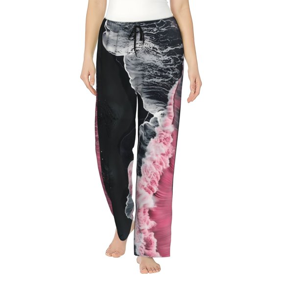 Uemuo Pink White Ocean Waves Pattern Women's Wide Leg Palazzo Lounge Pants with Pockets Light Weight Loose Comfy Casual Pajama Pants-Medium