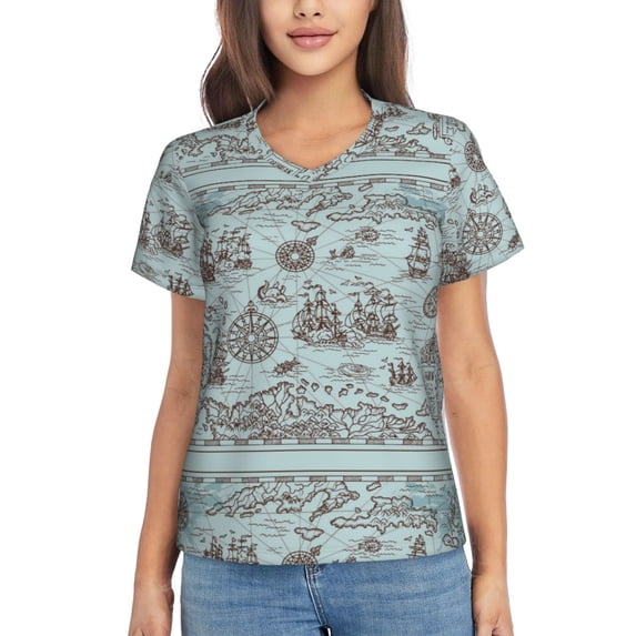 Uemuo Pirate Adventure Map Printed Women's Classic V-Neck T-Shirt - Soft, Breathable, Moisture-Wicking, Perfect for Casual, Office, Travel, and Everyday Wear-Large