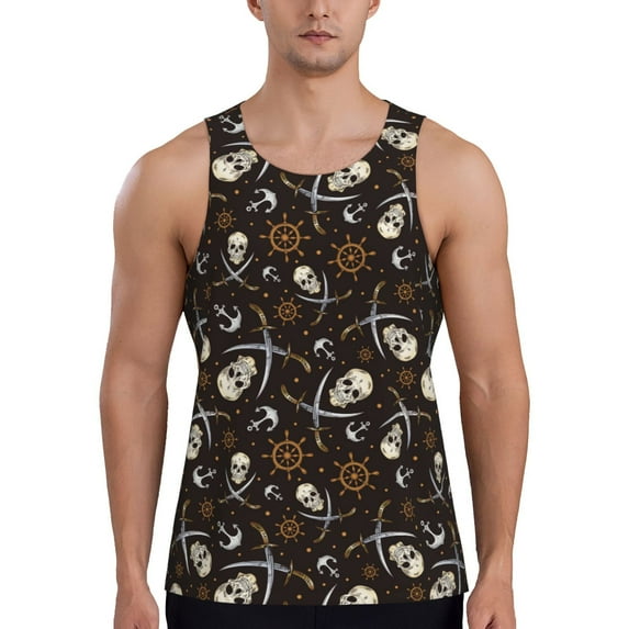 Uemuo Pirate Skulls Pattern Men's Muscle Shirts Sleeveless Dry Fit Gym Workout Tank Top Lightweight Sports Tank Top Beach Tank Top, Loose-fit Sleeveless Shirt-XX-Large
