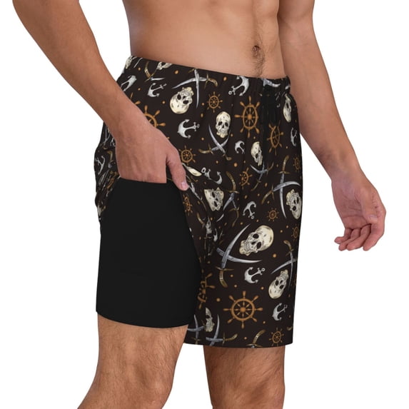 Uemuo Pirate Skulls Pattern Mens Swim Trunks Quick Dry Board Shorts with Mesh Lining, Stretch Beach Shorts Quick Dry No-Chafing Board Shorts-Small
