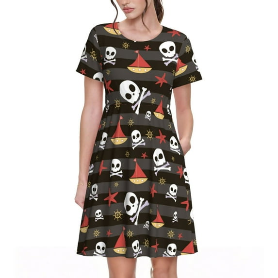 Uemuo Pirate skull Print Womens Summer Dress Casual Swing Short Sleeve Sundresses Beach A-line Shift Dress