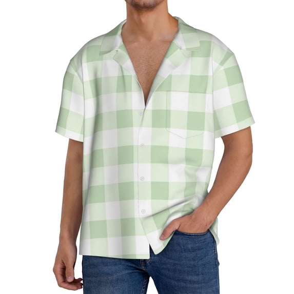 Uemuo Pistachio Green Checkboard Pattern Cotton Linen Short Sleeve Shirts,Casual Lightweight Button Down Shirts,Vacation Beach Summer Tops-Large