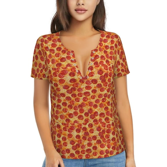 Uemuo Pizza Drawing Women's Deep V-Neck Low Cut Tops - Casual Loose Fit with Stainless Steel Loop, Soft, Breathable, Perfect for Office, Travel, and Daily Wear-Large
