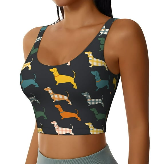 Uemuo Plaid Dachshund Pattern Women's Sports Bra - High Impact Support, Breathable, and Comfortable Athletic Bra for Running, Yoga, and Workouts
