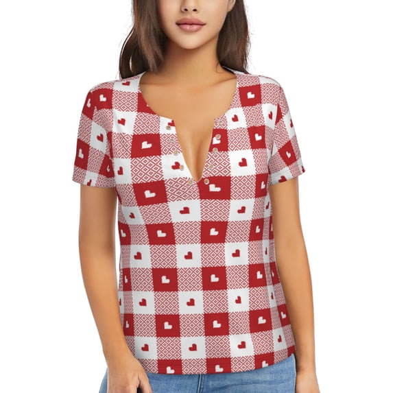 Uemuo Plaid Heart Drawing Women's Deep V-Neck Low Cut Tops - Casual Loose Fit with Stainless Steel Loop, Soft, Breathable, Perfect for Office, Travel, and Daily Wear-X-Large