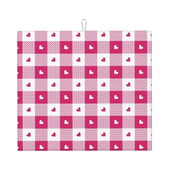 Uemuo Plaid Heart Pattern Dish Drying Mat,16*18 inch Absorbent Dish Drainer Kitchen Counter,Large Size Dish Drying Pad for Countertops,Sinks,Draining Racks