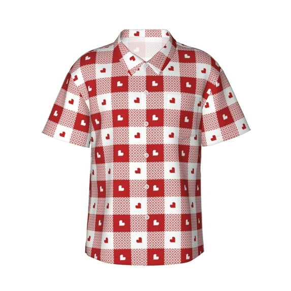 Uemuo Plaid Heart Printed Regular Fit Short Sleeve Casual Hawaiian Shirt for Men,Aloha shirt,Tropical shirt,Floral print shirt,Vacation Beach shirt-Large