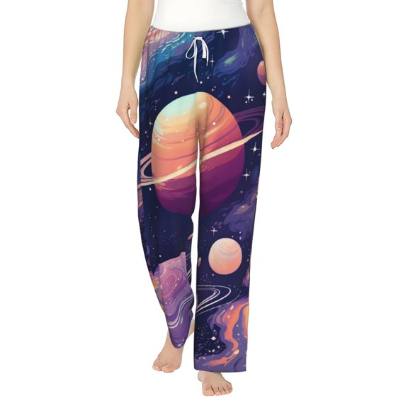 Uemuo Planet Pastel Galaxy Pattern Women's Wide Leg Palazzo Lounge Pants with Pockets Light Weight Loose Comfy Casual Pajama Pants-Medium