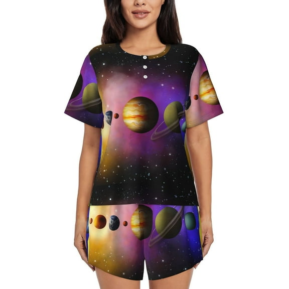 Uemuo Planets And Stars Pattern Women's Short-Sleeved Pajama, Button-Front Loungewear, 2-Piece Summer Sleepwear, Elastic Drawstring Shorts-3X-Large