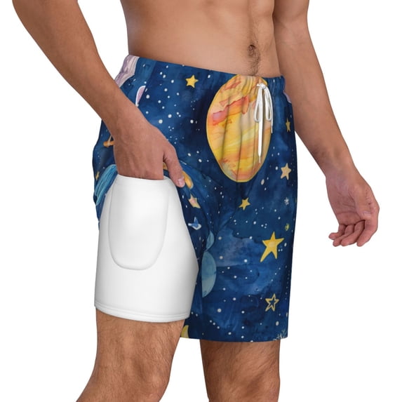 Uemuo Planets And Stars1 Pattern Mens Swim Trunks Quick Dry Board Shorts with Mesh Lining, Stretch Beach Shorts Quick Dry No-Chafing Board Shorts-X-Large