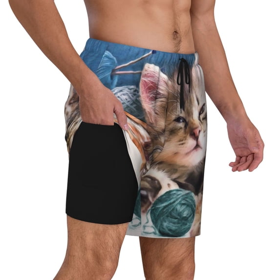 Uemuo Playful Cat Pattern Mens Swim Trunks Quick Dry Board Shorts with Mesh Lining, Stretch Beach Shorts Quick Dry No-Chafing Board Shorts-Small