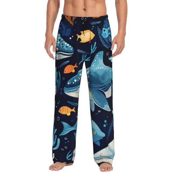 Uemuo Playful Whales Underwater Scene Pattern Men's Wide Leg Palazzo Lounge Pants with Pockets Light Weight Loose Comfy Casual Pajama Pants-Medium
