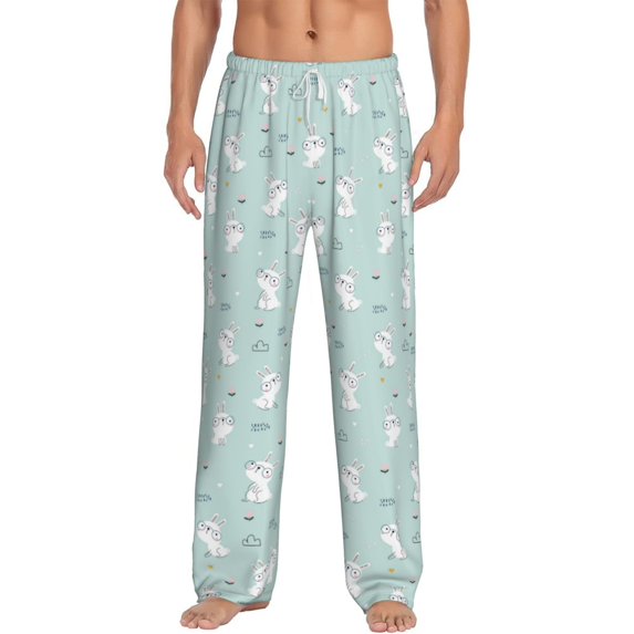 Uemuo Playing Rabbit Pattern Men's Wide Leg Palazzo Lounge Pants with Pockets Light Weight Loose Comfy Casual Pajama Pants-Large
