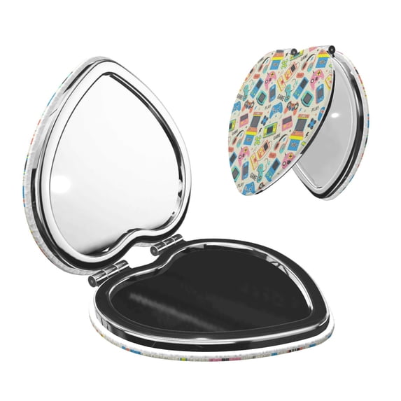 Uemuo Playing Video Games Print Compact Portable Pocket Makeup Mirror - Leather Cover, Elegant Travel Cosmetic Mirror for Purse, Pocket, and Handbag-Heart Shape
