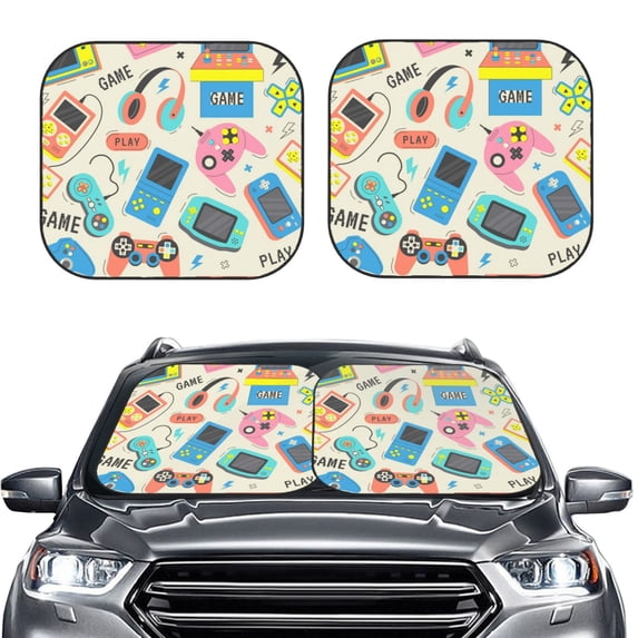 Uemuo Playing Video Games Printed 2 PCS Car Windshield Sun Shade, Auto Sun Heat and UV Rays Blocker, Foldable Automotive Front Window Sunshade Protector
