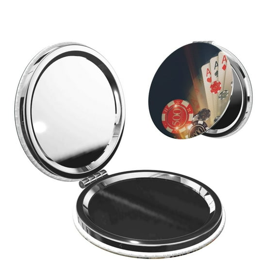 Uemuo Poker Chips Print Compact Portable Pocket Makeup Mirror - Leather Cover, Elegant Travel Cosmetic Mirror for Purse, Pocket, and Handbag-Round Shape