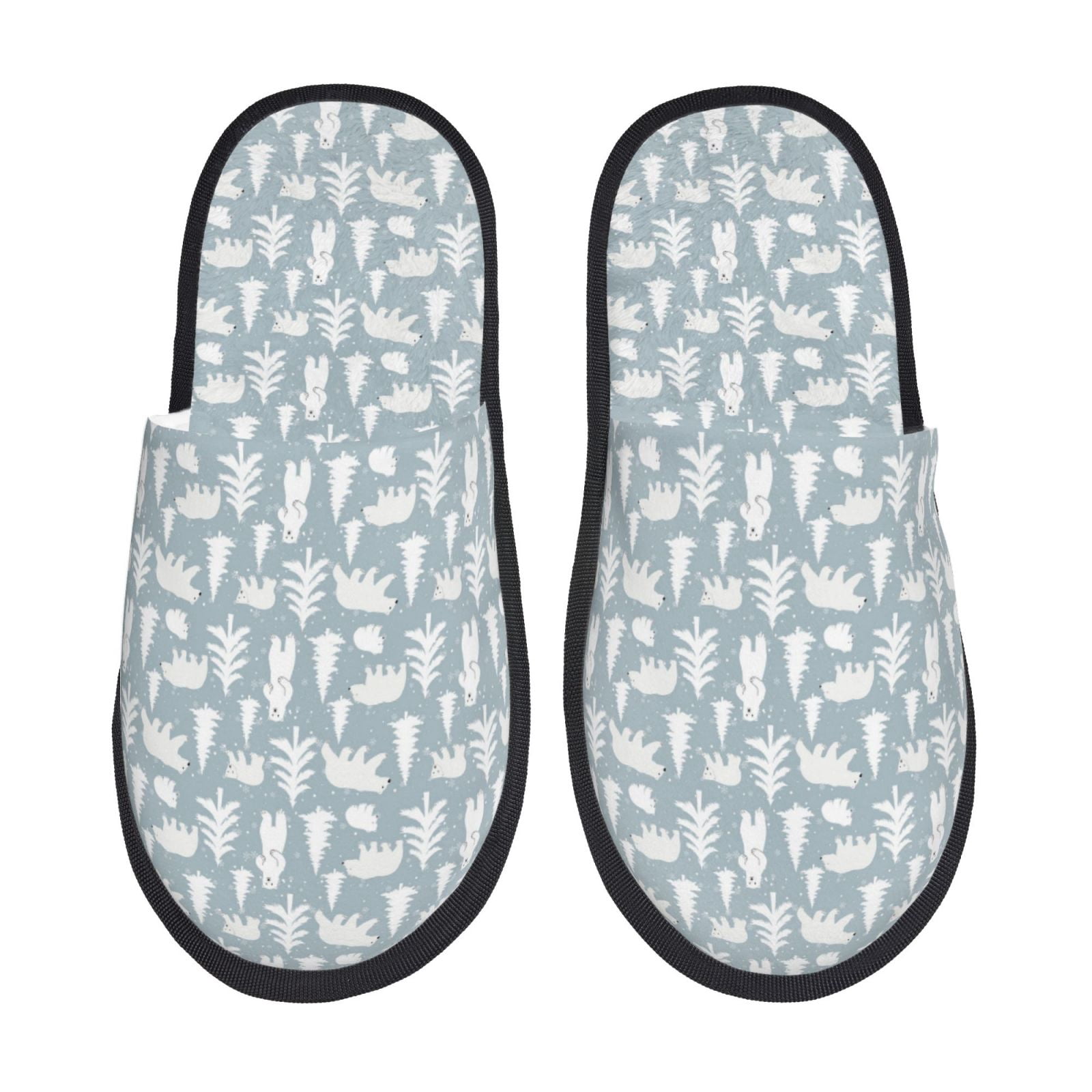 Uemuo Polar Bears And Snowy Winter Printe Plush Furry Slippers