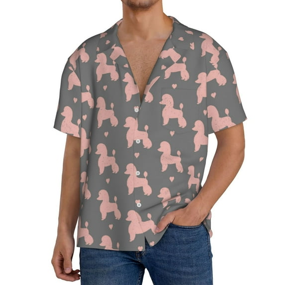 Uemuo Poodle Dog Pattern Cotton Linen Short Sleeve Shirts,Casual Lightweight Button Down Shirts,Vacation Beach Summer Tops-X-Large
