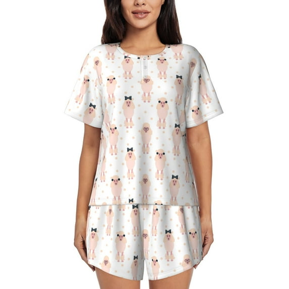 Uemuo Poodle Dog Pattern Women's Short-Sleeved Pajama, Button-Front Loungewear, 2-Piece Summer Sleepwear, Elastic Drawstring Shorts-X-Large