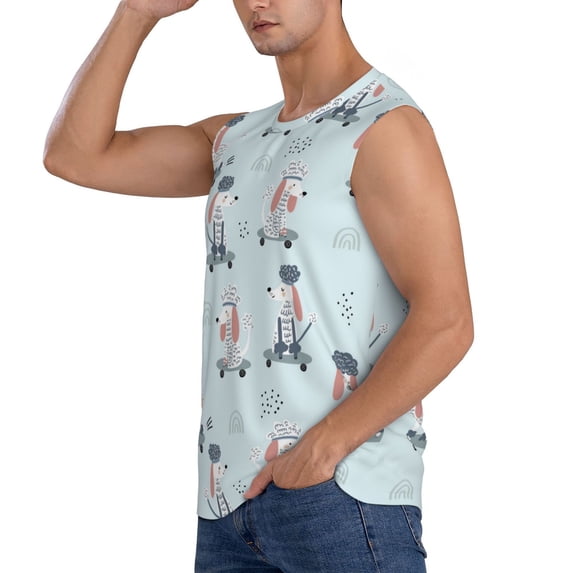 Uemuo Poodle Playing Skateboard Pattern Men's Sleeveless T-Shirt,Muscle Athletic Tank Top, Moisture-wicking Quick-dry Breathable Classic Tee Top for Gym Run Outdoor Sports-X-Large