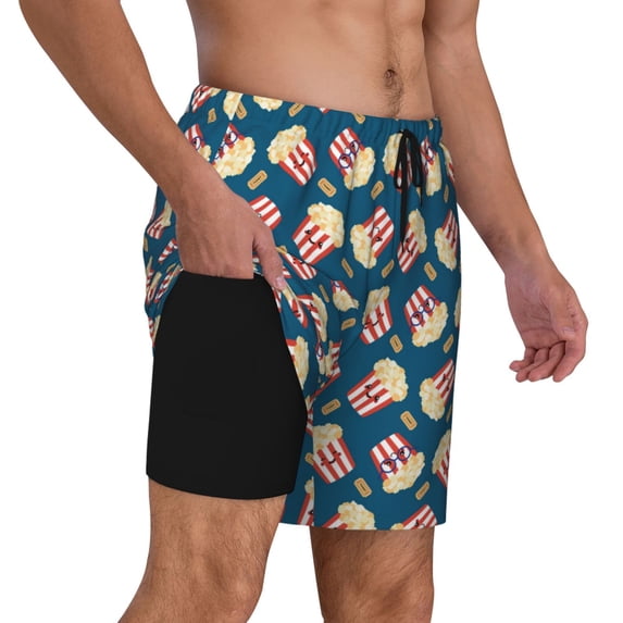 Uemuo Popcorn With Glasses Pattern Mens Swim Trunks Quick Dry Board Shorts with Mesh Lining, Stretch Beach Shorts Quick Dry No-Chafing Board Shorts-3X-Large
