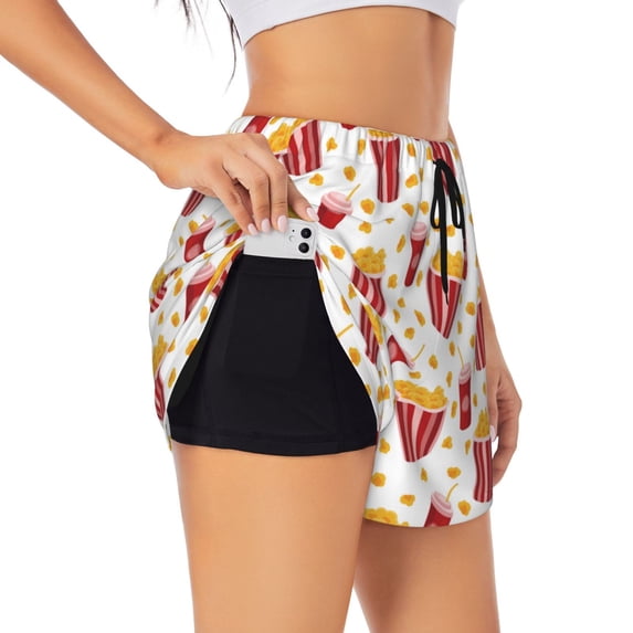 Uemuo Popcorn Pattern Women's Athletic Shorts High Waisted Running Shorts with Liner Pockets Gym Elastic Workout Shorts-Large