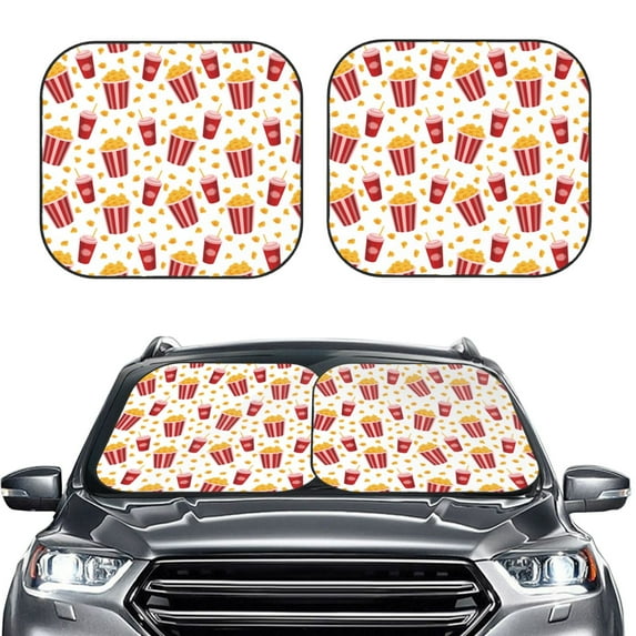 Uemuo Popcorn Printed 2 PCS Car Windshield Sun Shade, Auto Sun Heat and UV Rays Blocker, Foldable Automotive Front Window Sunshade Protector