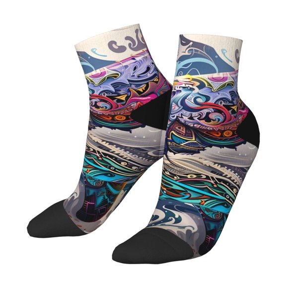 Uemuo Psychedelic Shark Artwork Printed Crew Socks, Moisture-Wicking Socks, Athletic Socks for Men Breathable Cushion Socks Casual Sport Socks for Running Traveling