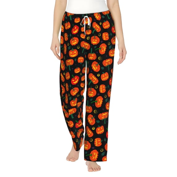 Uemuo Pumpkin Fallen Leaves Pattern Women's Wide Leg Palazzo Lounge Pants with Pockets Light Weight Loose Comfy Casual Pajama Pants-Small