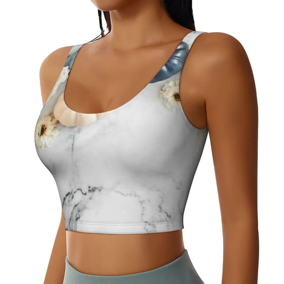 Uemuo Pumpkin And White Marble Pattern Women's Sports Bra - High Impact Support, Breathable, and Comfortable Athletic Bra for Running, Yoga, and Workouts
