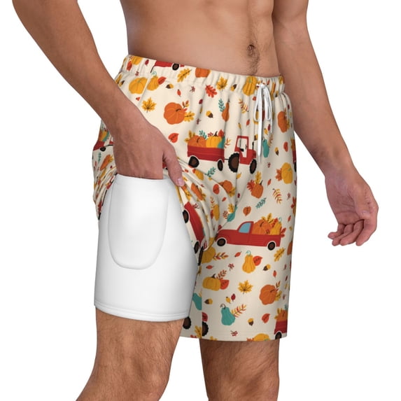 Uemuo Pumpkins On Red Car And Tractor Pattern Mens Swim Trunks Quick Dry Board Shorts with Mesh Lining, Stretch Beach Shorts Quick Dry No-Chafing Board Shorts-X-Large