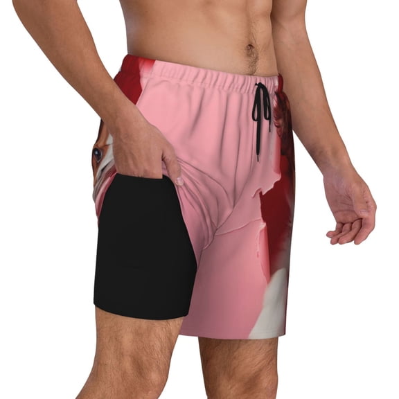 Uemuo Puppy Peeking Through Pink Pattern Mens Swim Trunks Quick Dry Board Shorts with Mesh Lining, Stretch Beach Shorts Quick Dry No-Chafing Board Shorts-