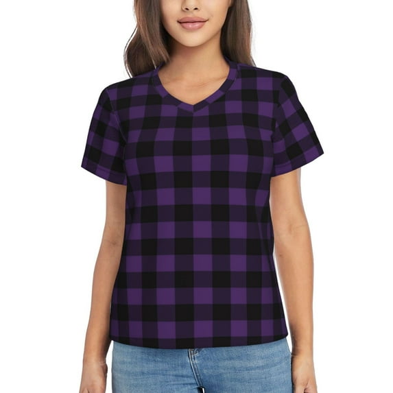 Uemuo Purple Black Plaid Printed Women's Classic V-Neck T-Shirt - Soft, Breathable, Moisture-Wicking, Perfect for Casual, Office, Travel, and Everyday Wear-Large