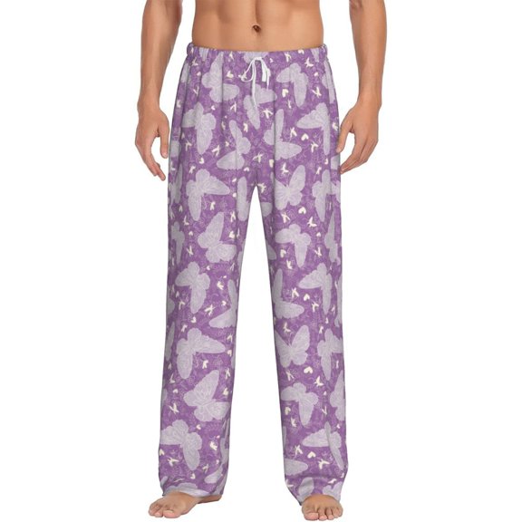 Uemuo Purple Butterflies Floral Pattern Men's Wide Leg Palazzo Lounge Pants with Pockets Light Weight Loose Comfy Casual Pajama Pants-Medium