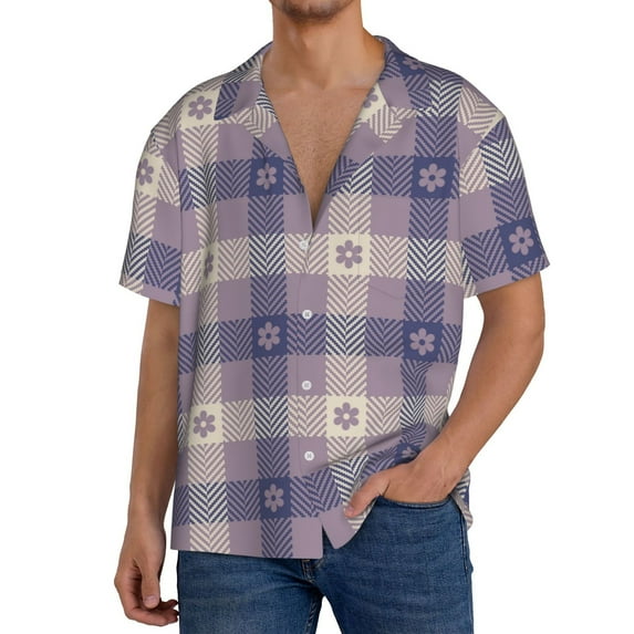 Uemuo Purple Floral Gingham Check Plaid Pattern Cotton Linen Short Sleeve Shirts,Casual Lightweight Button Down Shirts,Vacation Beach Summer Tops-Medium