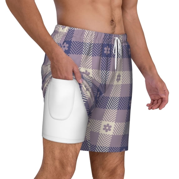 Uemuo Purple Floral Gingham Check Plaid Pattern Mens Swim Trunks Quick Dry Board Shorts with Mesh Lining, Stretch Beach Shorts Quick Dry No-Chafing Board Shorts-Medium