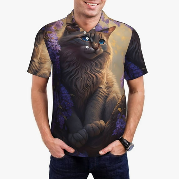 Uemuo Purple Flower Lazy Cat for Men’s Golf Shirt – Premium Pique Cotton Polo, Soft & Breathable Casual Short Sleeve Shirt, Comfortable Activewear for Sports & Leisure-Large