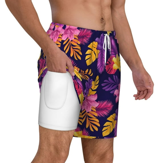 Uemuo Purple Flower Pattern Mens Swim Trunks Quick Dry Board Shorts with Mesh Lining, Stretch Beach Shorts Quick Dry No-Chafing Board Shorts-X-Large