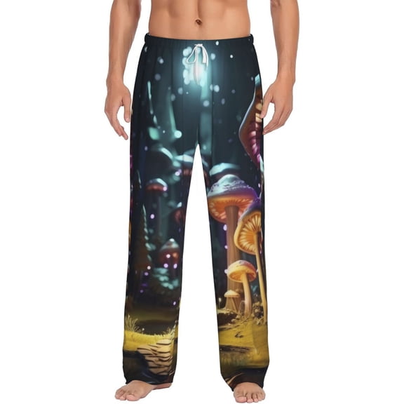 Uemuo Purple Glowing Mushroom Pattern Men's Wide Leg Palazzo Lounge Pants with Pockets Light Weight Loose Comfy Casual Pajama Pants-X-Large