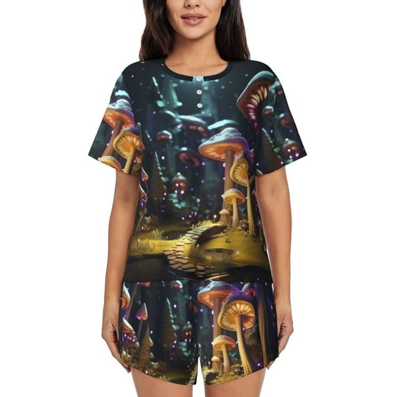 Uemuo Purple Glowing Mushroom Pattern Women's Short-Sleeved Pajama, Button-Front Loungewear, 2-Piece Summer Sleepwear, Elastic Drawstring Shorts-4X-Large