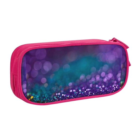 Uemuo Purple and Green Glitter Printed Pencil Pen Case, Portable Pencil Pouch with Zipper, Compact Stationery Bag Makeup Bag, Pencil Bag for Home Office