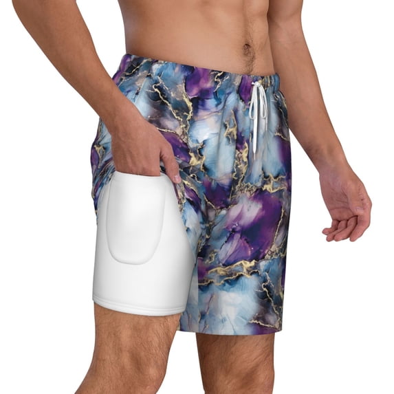 Uemuo Purple Marble Texture Pattern Mens Swim Trunks Quick Dry Board Shorts with Mesh Lining, Stretch Beach Shorts Quick Dry No-Chafing Board Shorts-Large