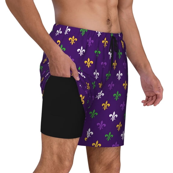 Uemuo Purple Mardi Gras Pattern Mens Swim Trunks Quick Dry Board Shorts with Mesh Lining, Stretch Beach Shorts Quick Dry No-Chafing Board Shorts-XX-Large