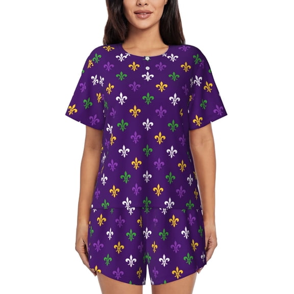 Uemuo Purple Mardi Gras Pattern Women's Short-Sleeved Pajama, Button-Front Loungewear, 2-Piece Summer Sleepwear, Elastic Drawstring Shorts-X-Large