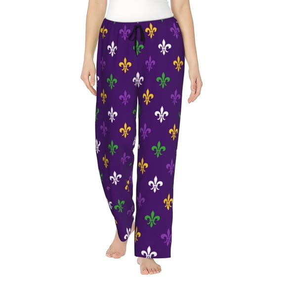 Uemuo Purple Mardi Gras Pattern Women's Wide Leg Palazzo Lounge Pants with Pockets Light Weight Loose Comfy Casual Pajama Pants-