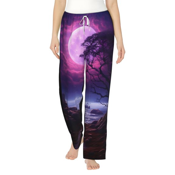 Uemuo Purple Moon Tree Night Sky Pattern Women's Wide Leg Palazzo Lounge Pants with Pockets Light Weight Loose Comfy Casual Pajama Pants-Large
