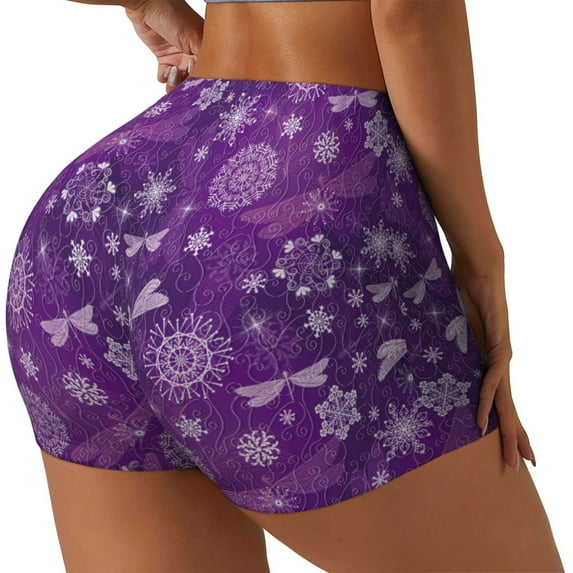 Uemuo Purple Snowflakes Pattern Women Workout Impact Shorts Scrunch Butt Lifting Gym Shorts Seamless Booty Biker Shorts-XX-Large